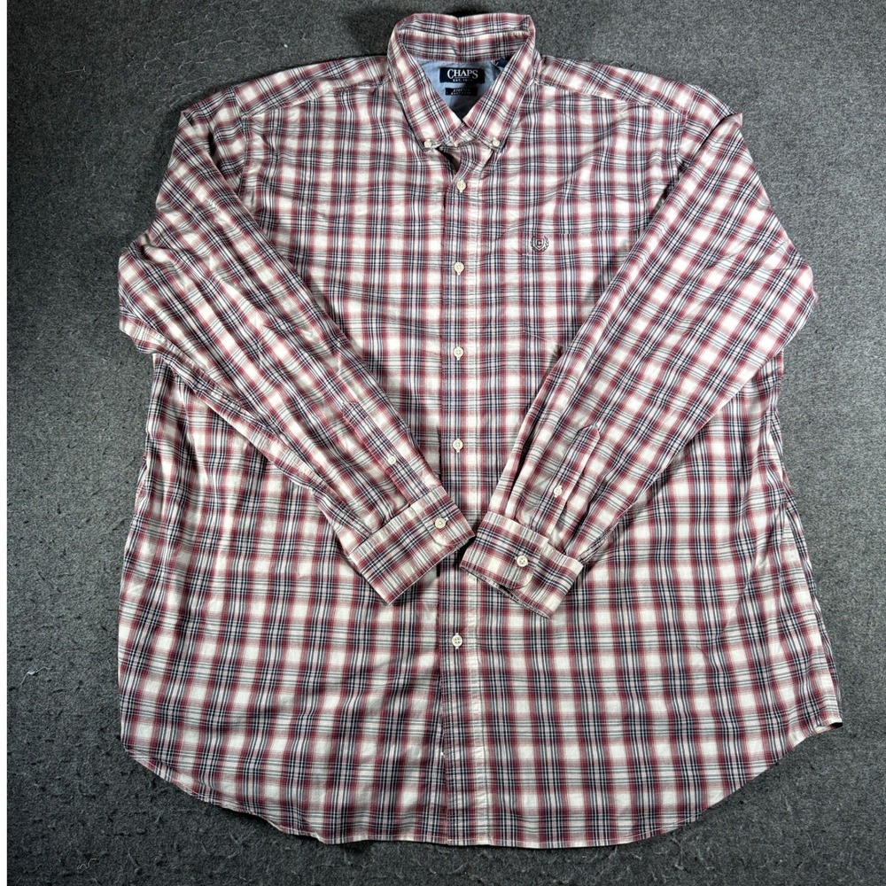 Chaps Mens 3XLT Plaid Button Down Shirt Red Navy White Stretch Easy Care LS